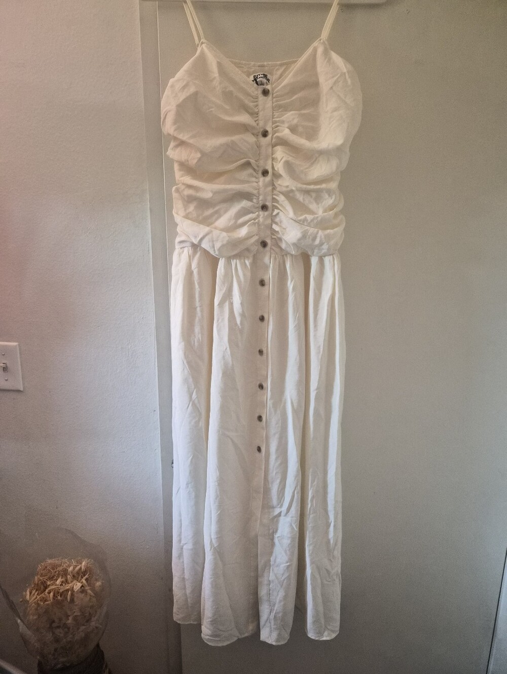 Ruched Button-Front White Maxi Dress